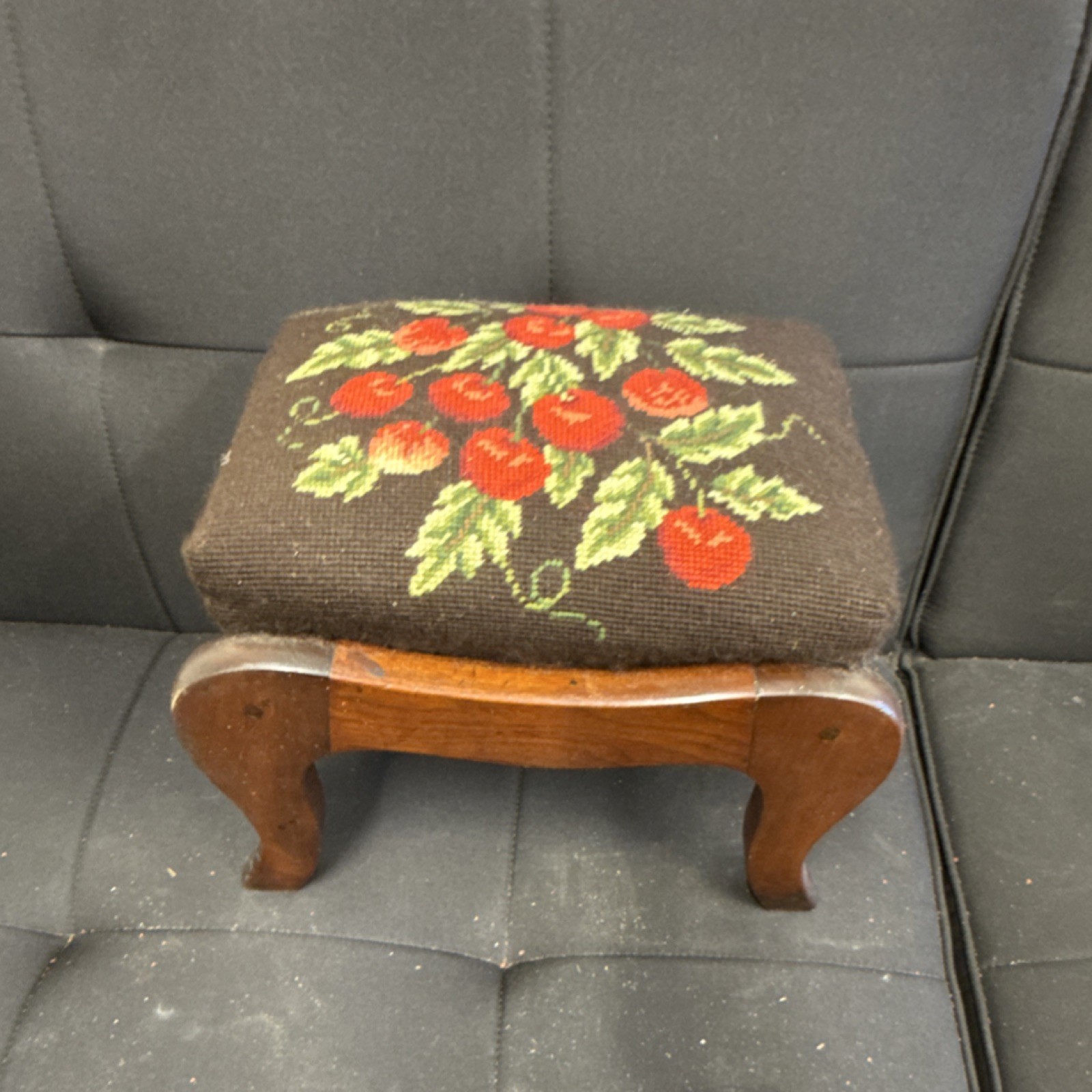 Antique Wooden Footstool Floral Needlepoint Rectangular Brown Red Green