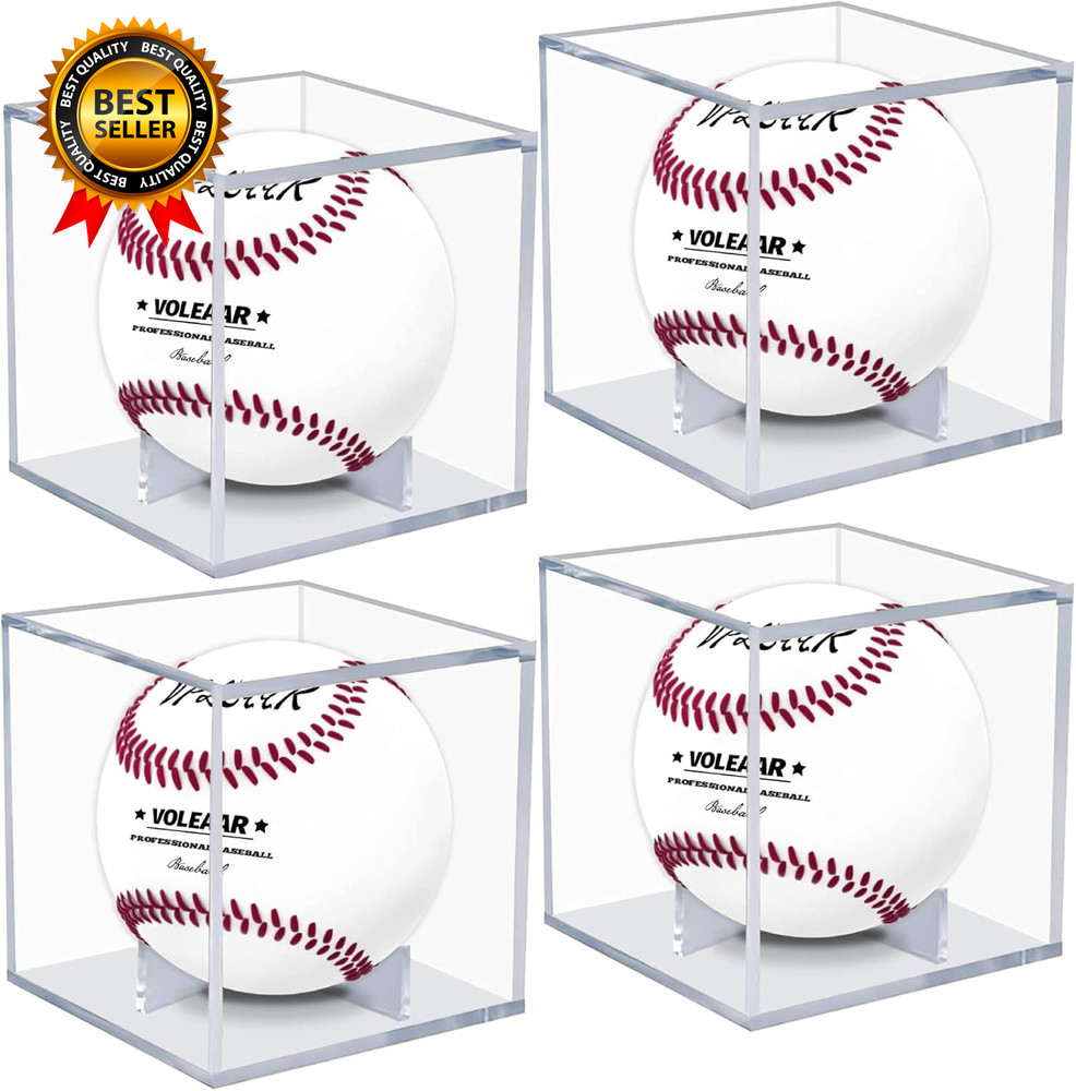 4 Pack Baseball Display Case UV Protected Acrylic Square Baseball Holder Clear