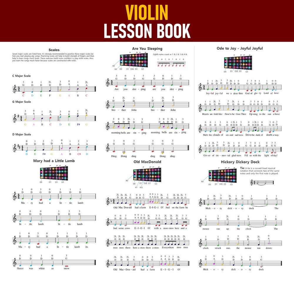 Beginner Violin Lesson Book Suitable for all Levels Color Coded Notes 50 A