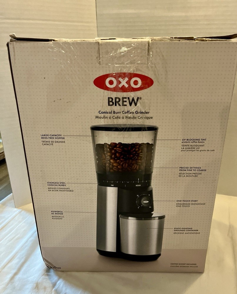OXO Brew Conical Burr Coffee Grinder Silver, One-Touch Automatic Smart Grind