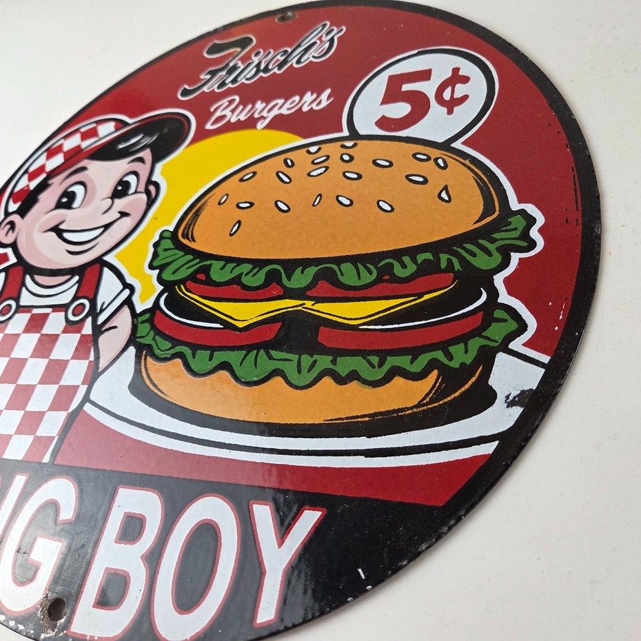 Vintage Big Boy Sign - 5 Cent Frisch's Fast Food Porcelain Gas Pump Sign