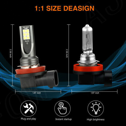 2X LED Fog Light Bulbs H8 H11 Fog Light Bulb White 6500K High Power DRL Lamps