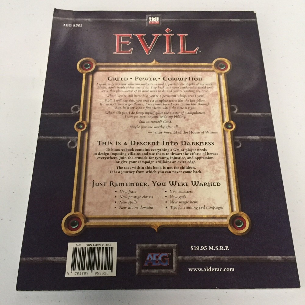 AEG Evil For D20 System AEG 8501 Paperback D&D Free S&H