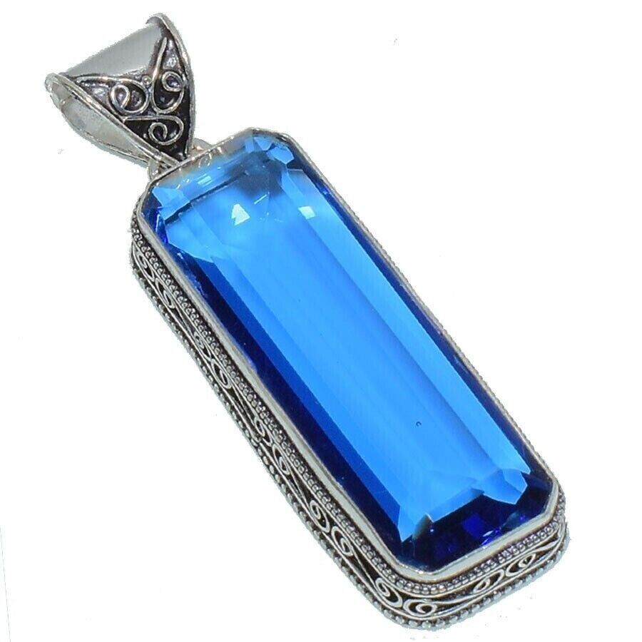 Blue Tanzanite Gemstone Handmade 925 Sterling Silver Jewelry BaguetteCut Pendant