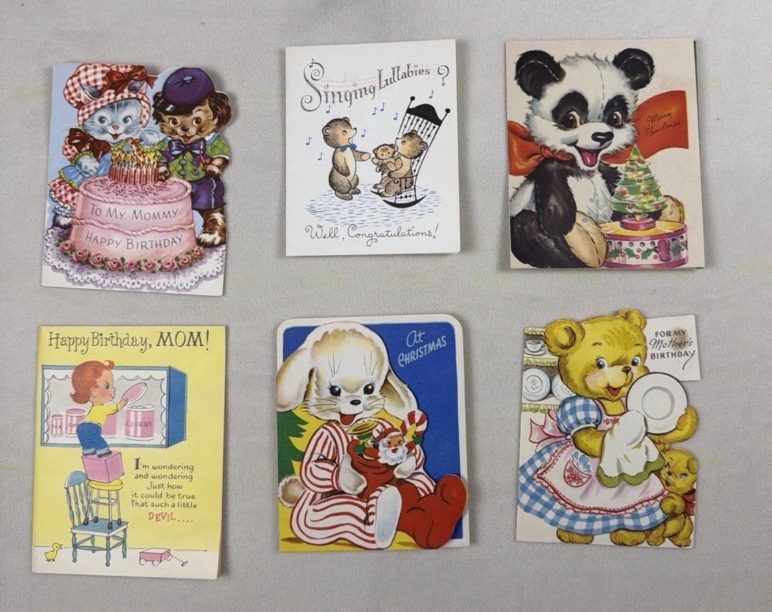 Vintage 1950s Cards Lot Used Die Cut Teddy Bear Pop Up Ephemera AGC Gibson