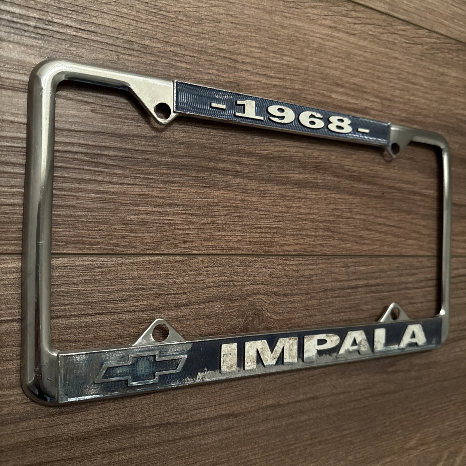 Vintage 1968 Chevrolet Impala License Plate Frame Chevy Chrome And Blue