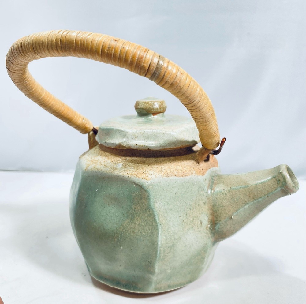 Studio Pottery Celadon Teapot Small Ceramic Rattan Wrapped Handle