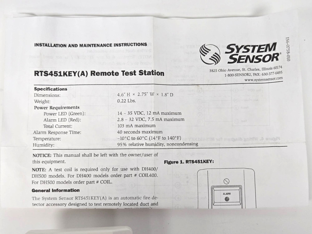 SYSTEM SENSOR RTS451KEY REMOTE TEST STATION