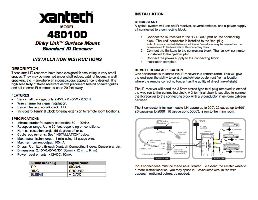 Xantech Dinky Link Surface Mount Standard IR Receiver 480-10D
