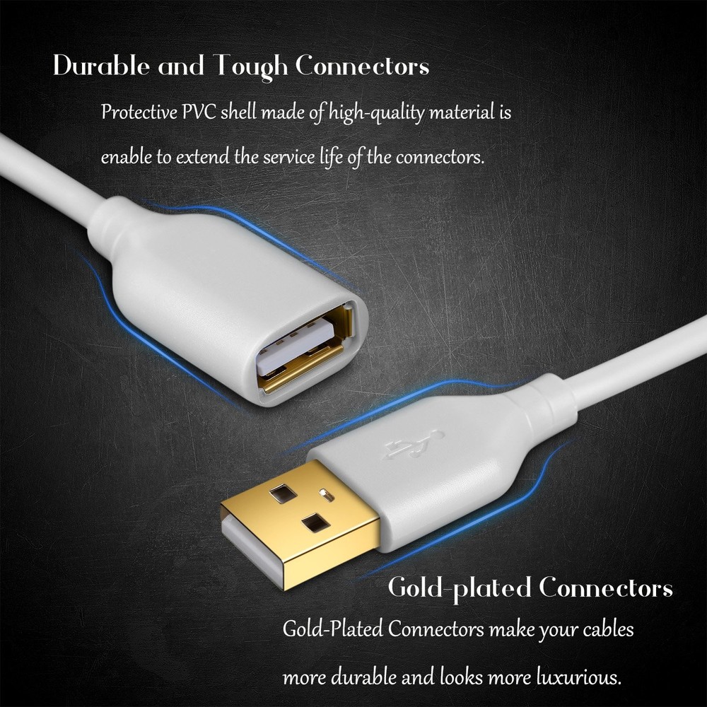 Costyle White USB Extension Cable, 2-Pack 2.0 10ft/3m Type A 10FT,