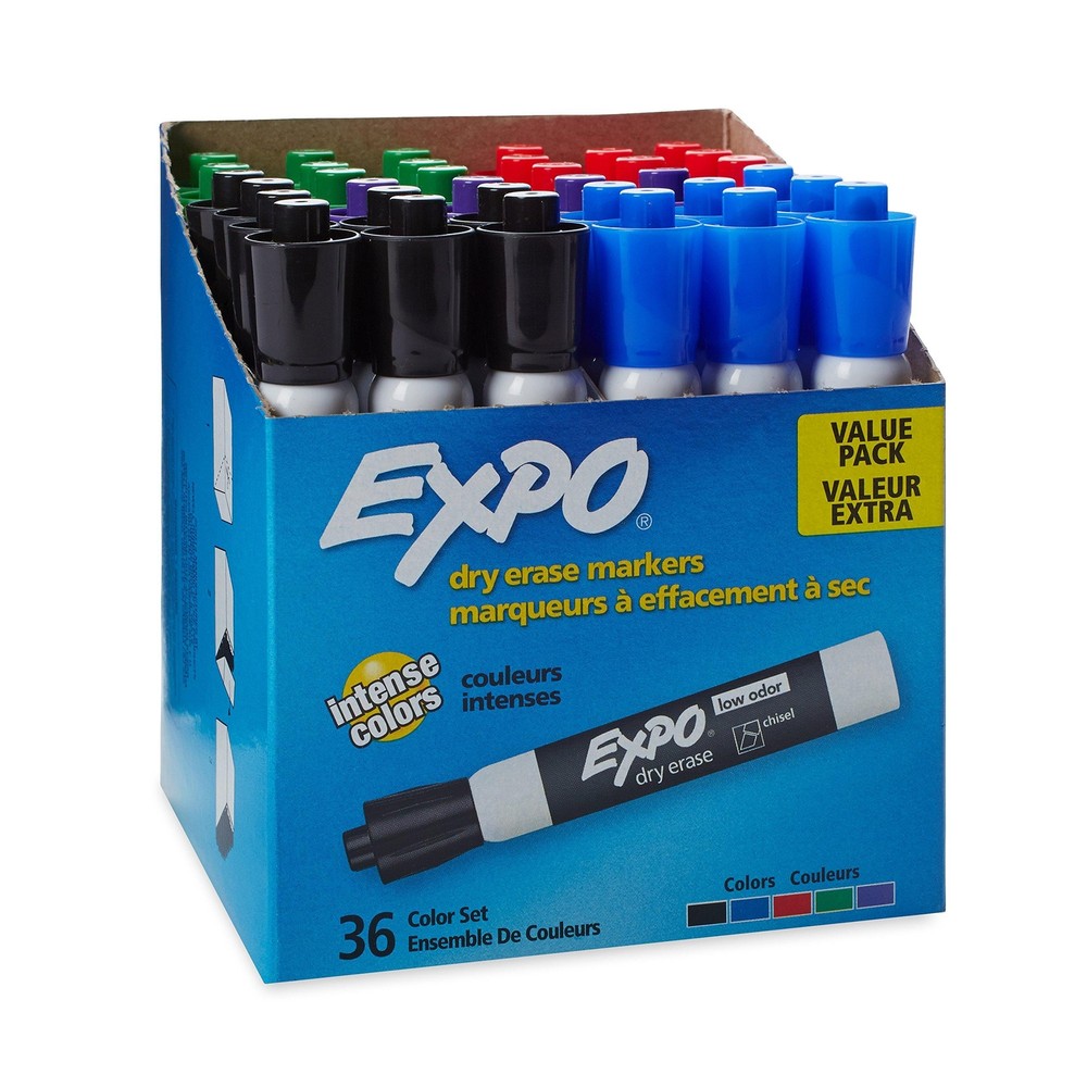 EXPO Low Odor Dry Erase Markers, Chisel Tip, Assorted, 36 Count