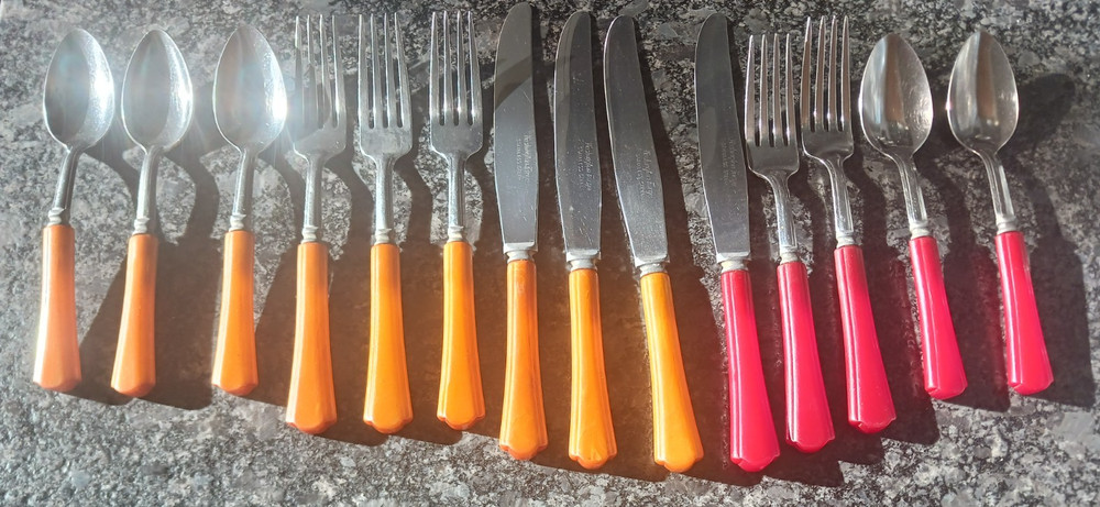 1950s flatware bakelite? lucite? Washington Forge spoon fork red butterscotch