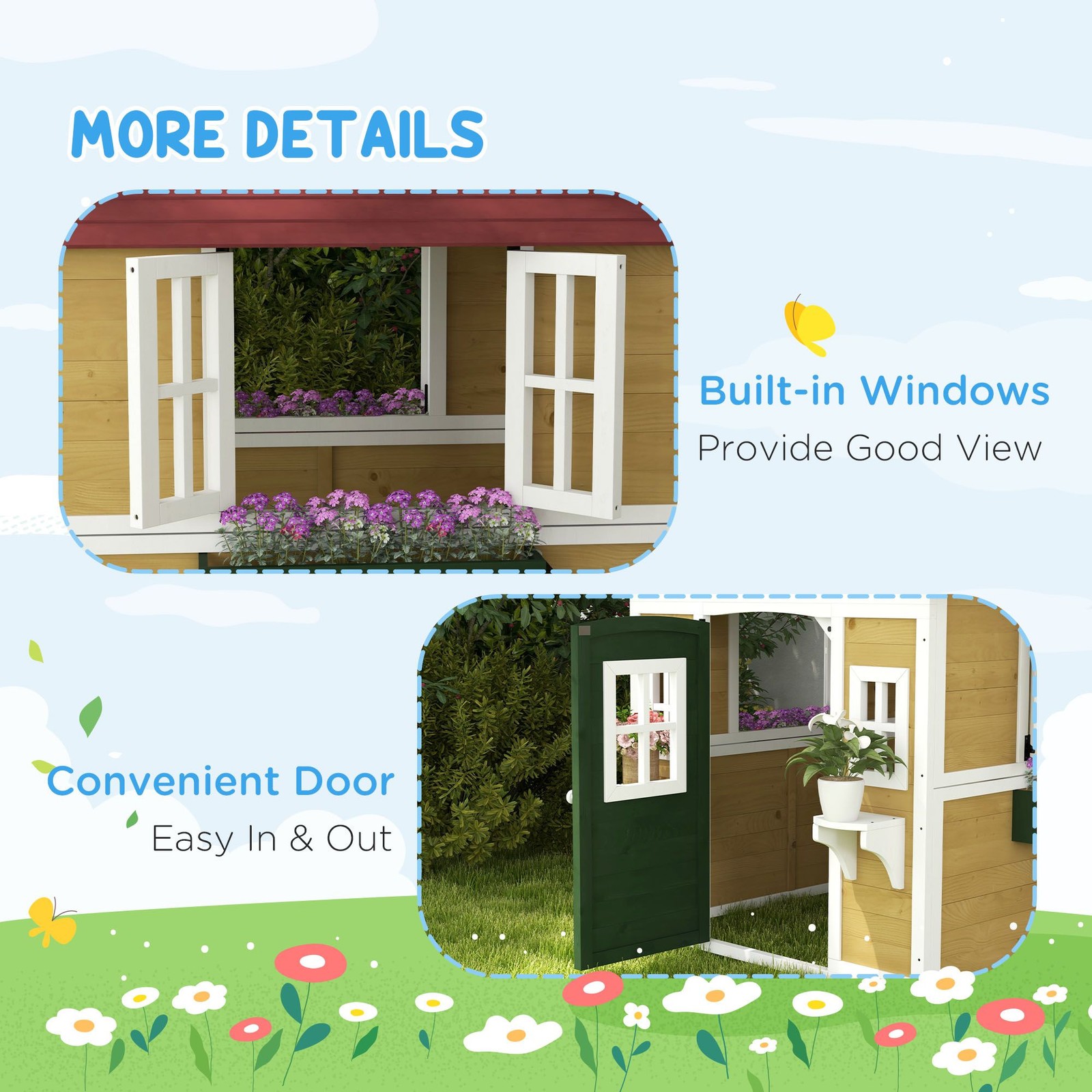 Outsunny Wooden Playhouse for Kids Outdoor, Doors, Windows, Planter Pots, Beige,