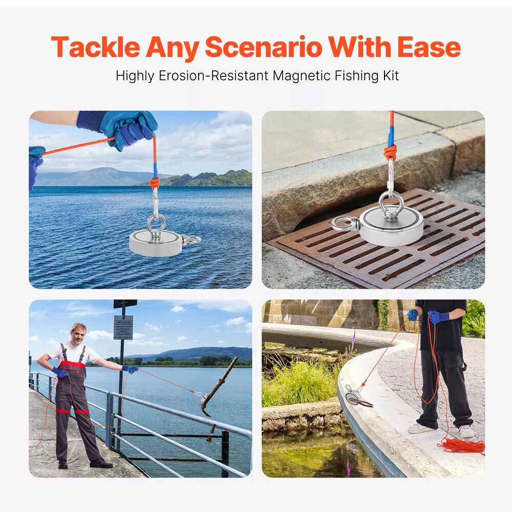 2000 LBS Strong Fishing Magnet Kit Double Sided Pull Force 20m Rope Carabiner