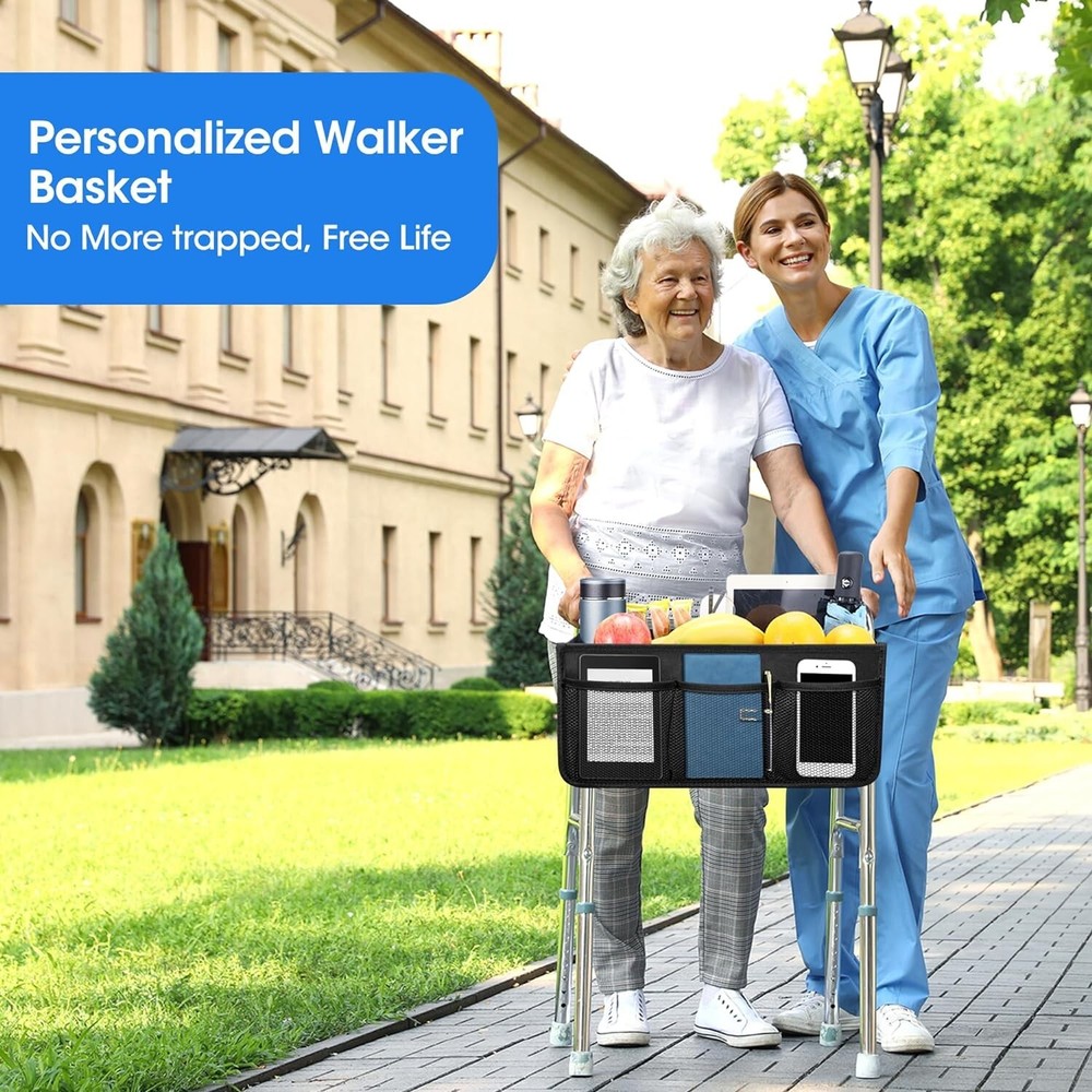 Black Foldable Walker Basket with Extra Mesh Pockets – Perfect Gift for Seniors