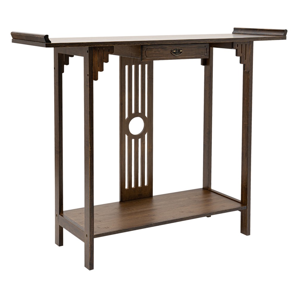 2 Tiers Walnut Sofa Table Bamboo Entryway Table Table With Storage Shelves