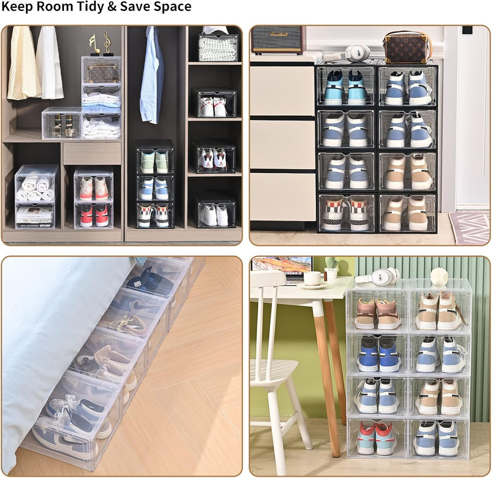 8 Pack US 15 XXL Clear Shoe Storage Boxes Stackable, Shoe Organizer Clear Pla...