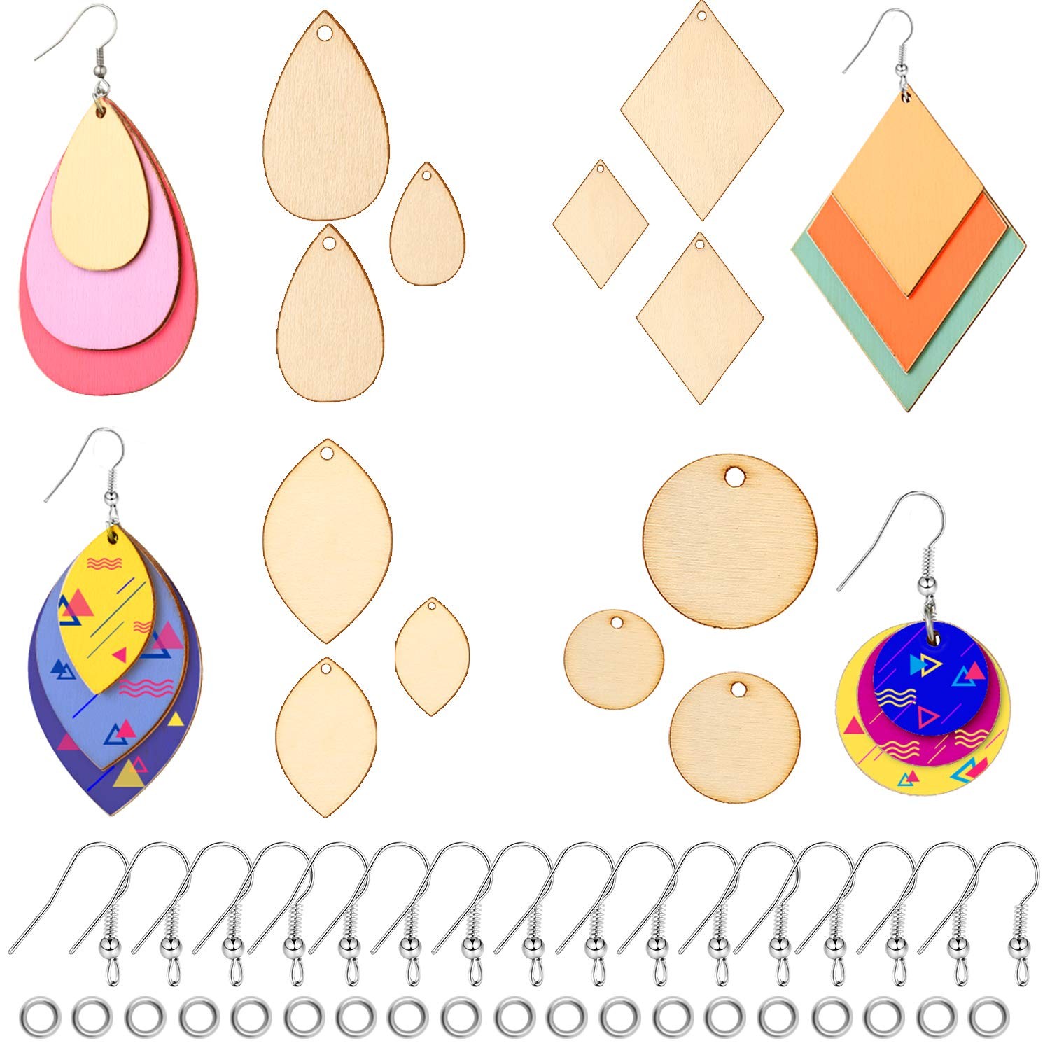 240 Pcs Wooden Earring Blanks Kit Teardrop Wood Pendants with Hooks & Jump Rings