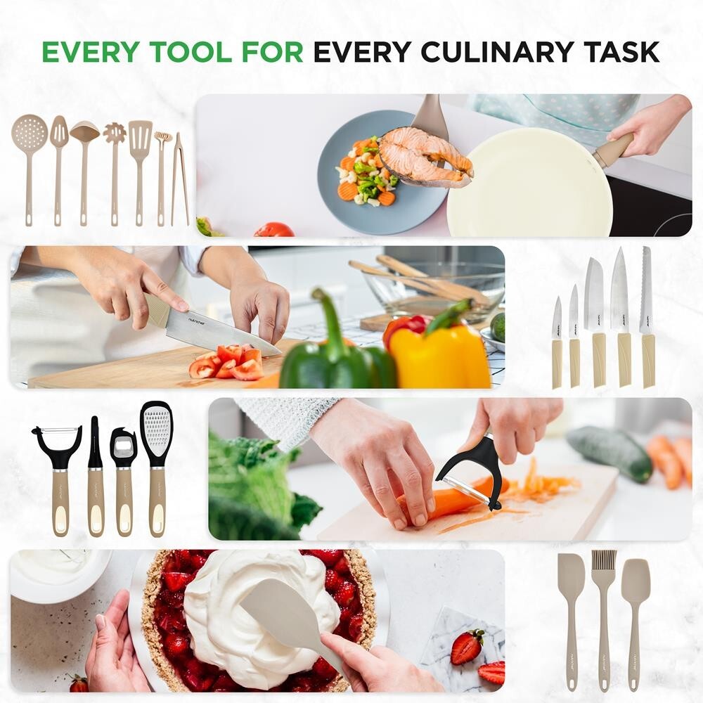NutriChef 54 Pcs. Home Kitchen Cookware, Kitchen Tools, Bakeware Set-Taupe Brown