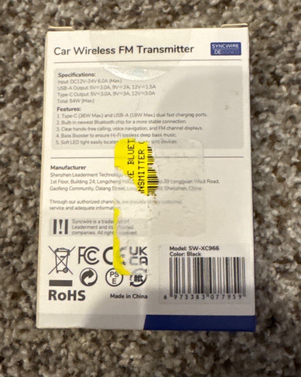 Syncwire Bluetooth 5.4 FM Transmitter Car Adapter – 48W Fast Charger (PD 36W)