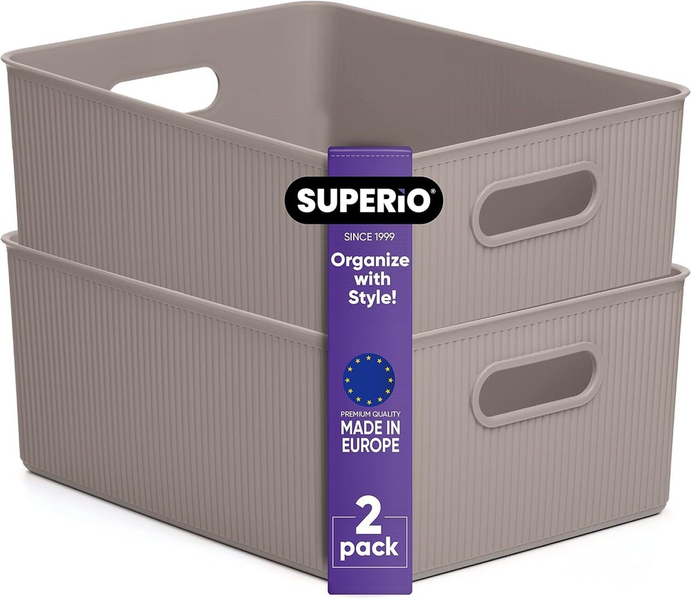 Decorative Storage Bins (2 Pack) Taupe Plastic Storage Baskets 15 Liter Medium