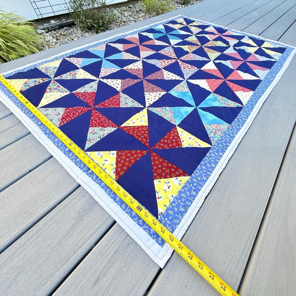 Handmade half square triangle quilt multi-colored pinwheel pattern 65" x 40"