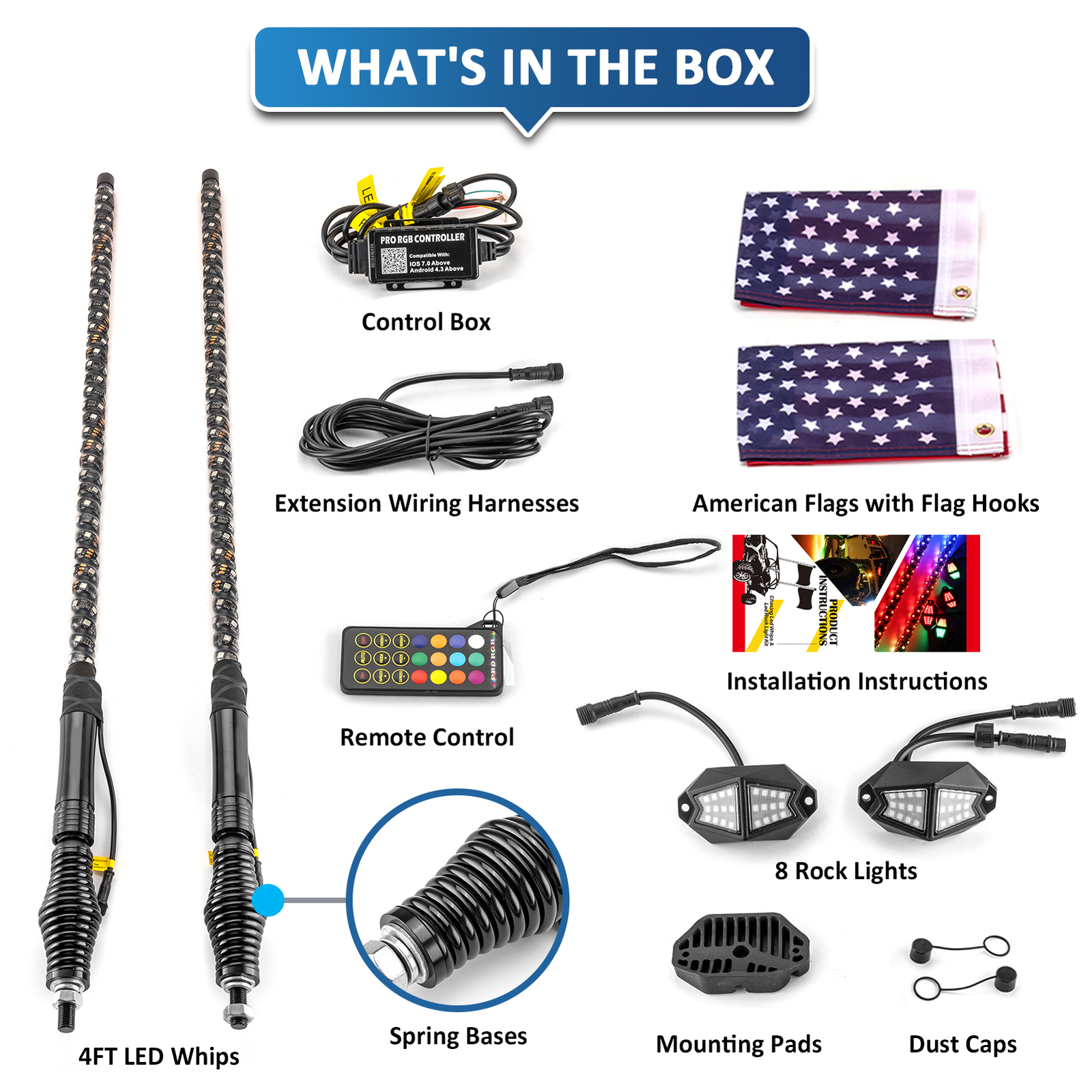 Pair 4FT Spiral RGB LED Lighted Whip Lights + 8 Pods Rock Light For ATV UTV RZR