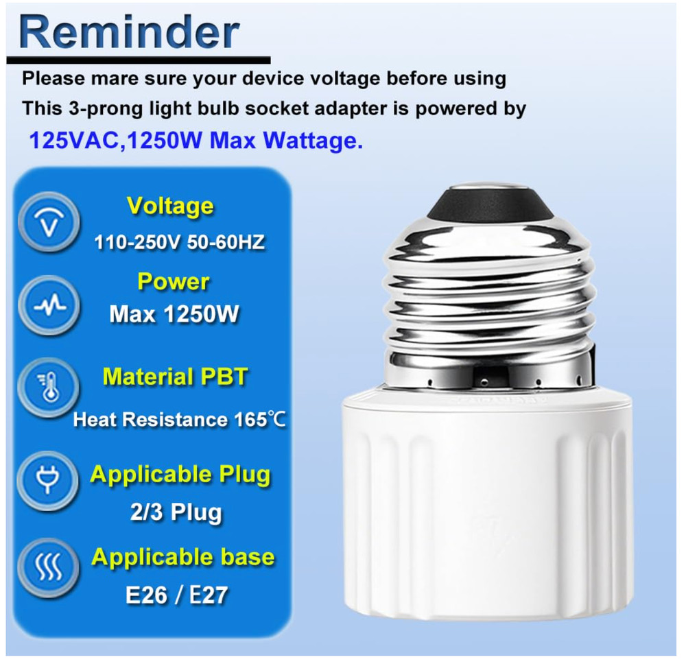 3 Pack E26/E27 Light Socket to Plug Adapter 2/3 Prong Light Bulb Outlet Adapter