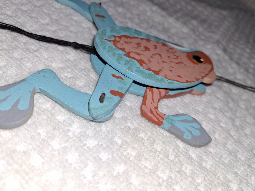 Vintage Painted Wooden Pull String Frog Jumping Jack w/ Original Paint