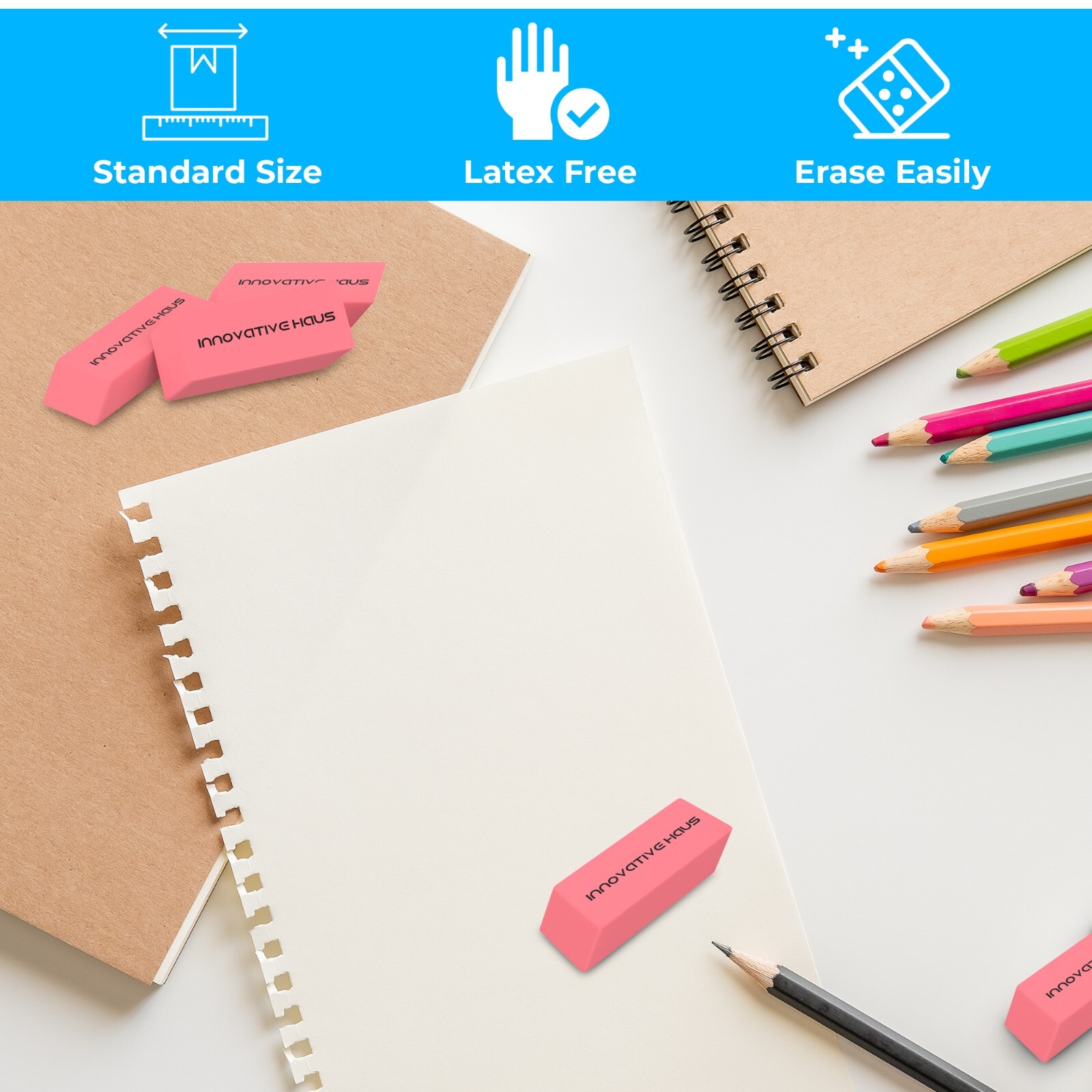 Pink Erasers Bulk - Latex Free - Smudge Resistant - Large Pink Eraser - Big Size