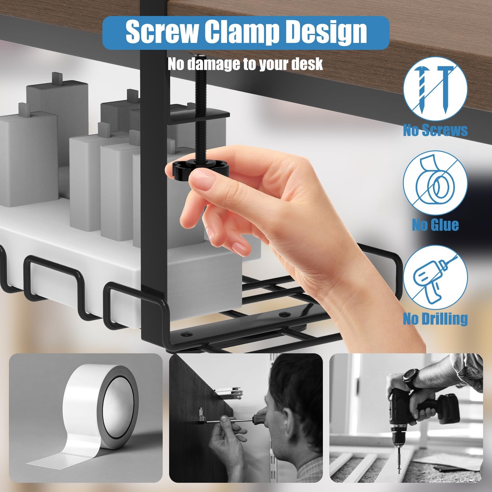 ENGYNC 52-Piece Under Desk Cable Management Tray Kit - 15.7’’ 52-Piece, Black