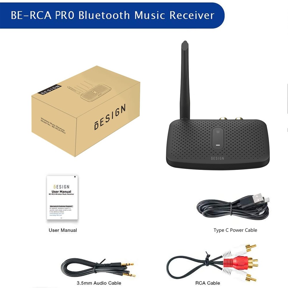 BE-RCA Pro Long Range Bluetooth Adapter for Bluetooth Music Streaming, Black