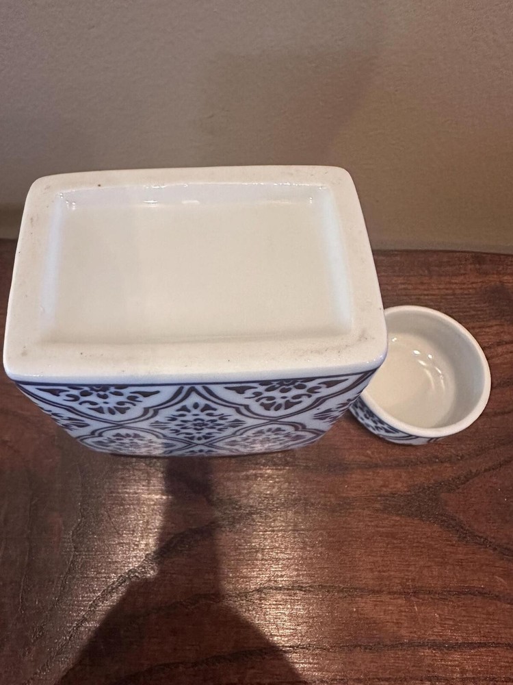Blue and White Patterned Square Ginger Jar