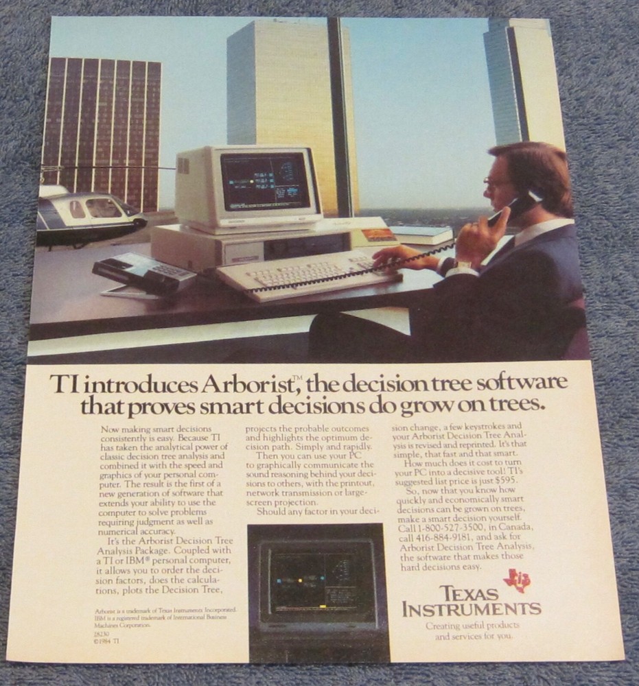 1985 Texas Instruments Arborist Decision Tree Analysis Software Vintage Ad