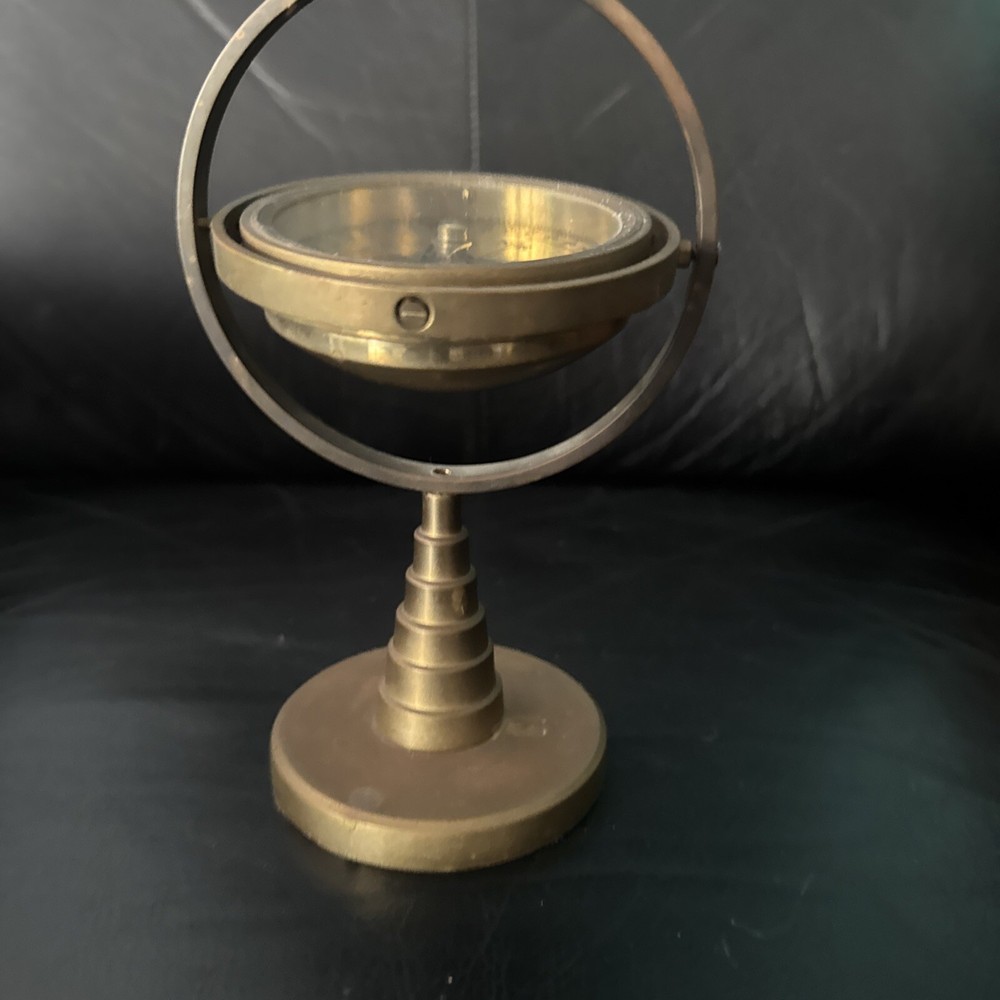 Vintage Solid Brass 7” Floating Gimbal Compass Nautical Decor