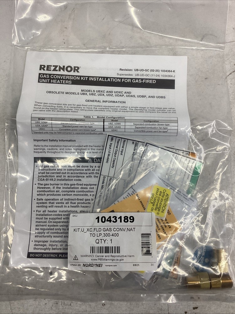 Reznor 1043189 Gas Conversion Kit