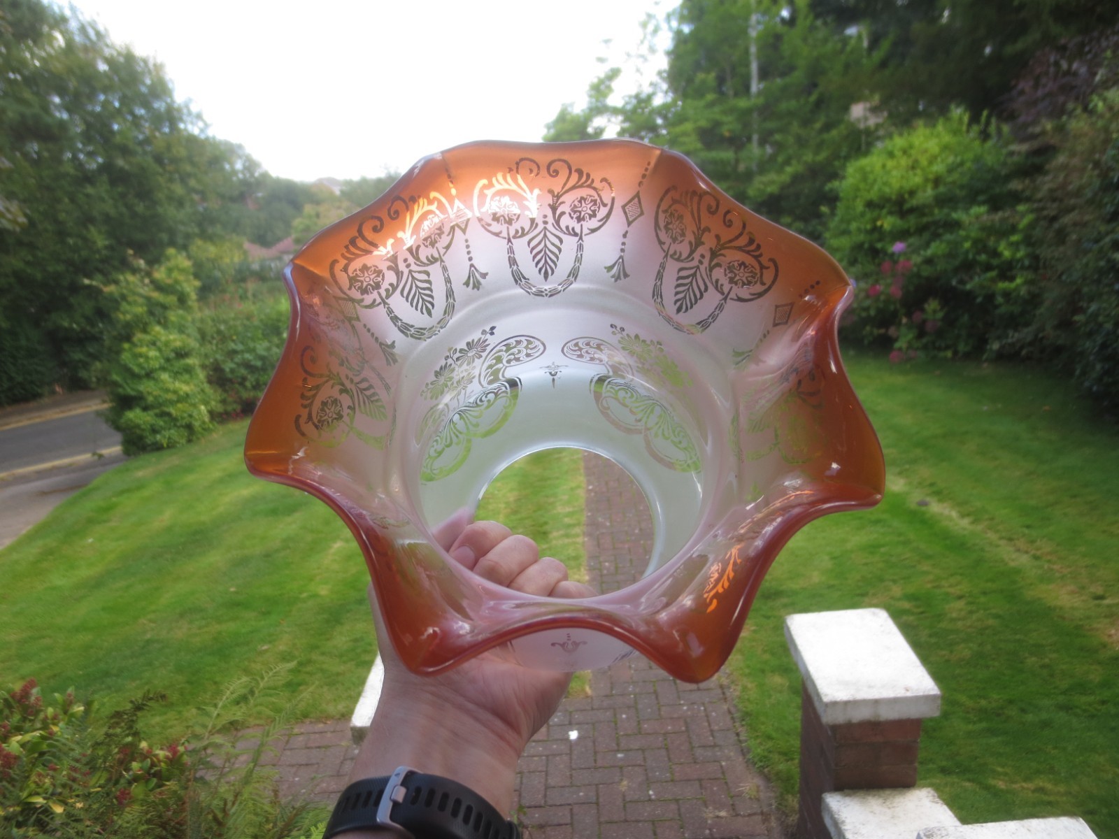 ORIGINAL ANTIQUE TALL GLASS DUPLEX ACID ETCHED TULIP OIL LAMP SHADE