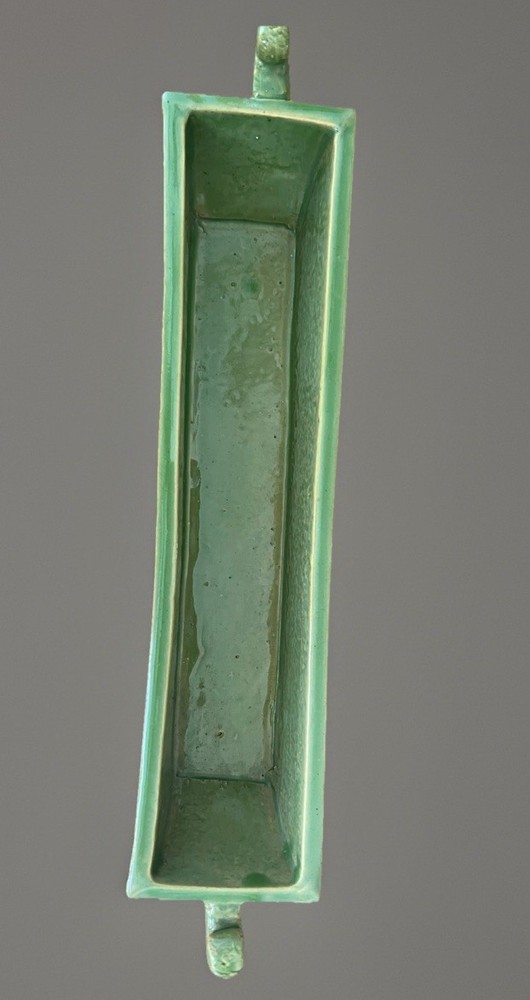 Handmade Studio Pottery Rectangular Dish Green Glazed Ceramic Tray With Handles