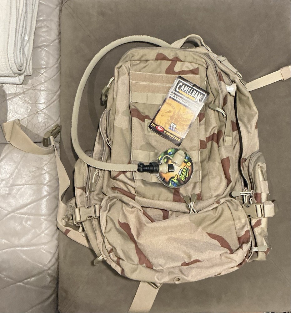 TWO ITEMS: Camelbak Desert Camo BFM Maximum Gear Backpack AND 3 Liter Mule
