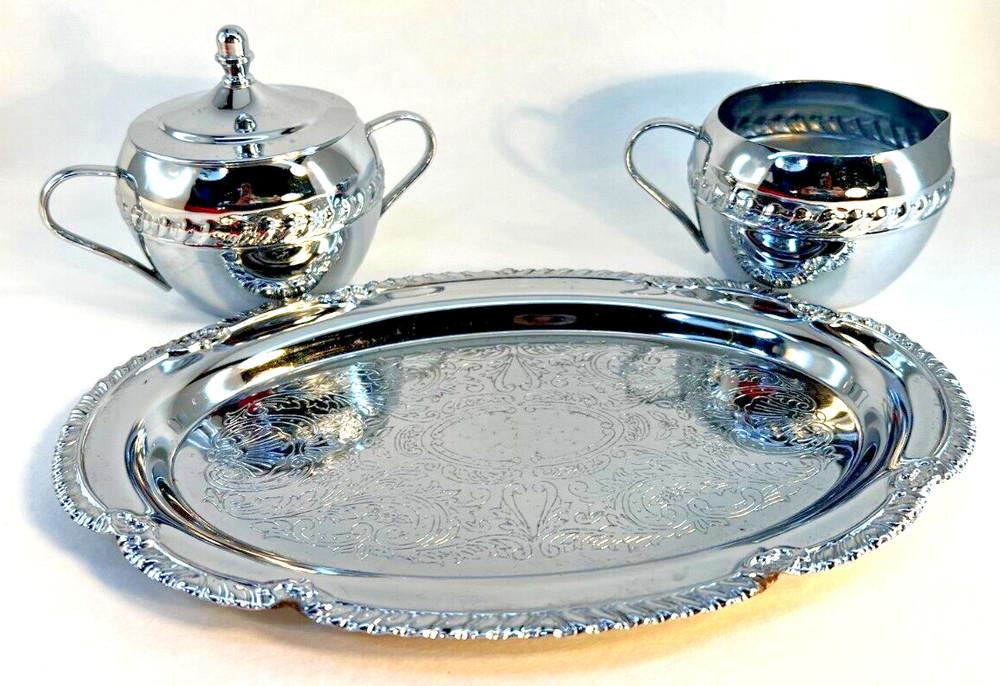 Irvinware Tray With Scrollwork Lidded Sugar Bowl and Creamer