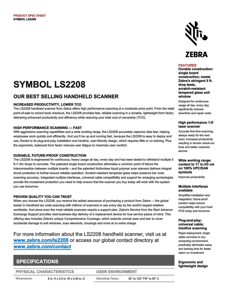 Zebra Symbol LS2208-SR20007R-NA USB Handheld 1D Laser Barcode Scanner Reader