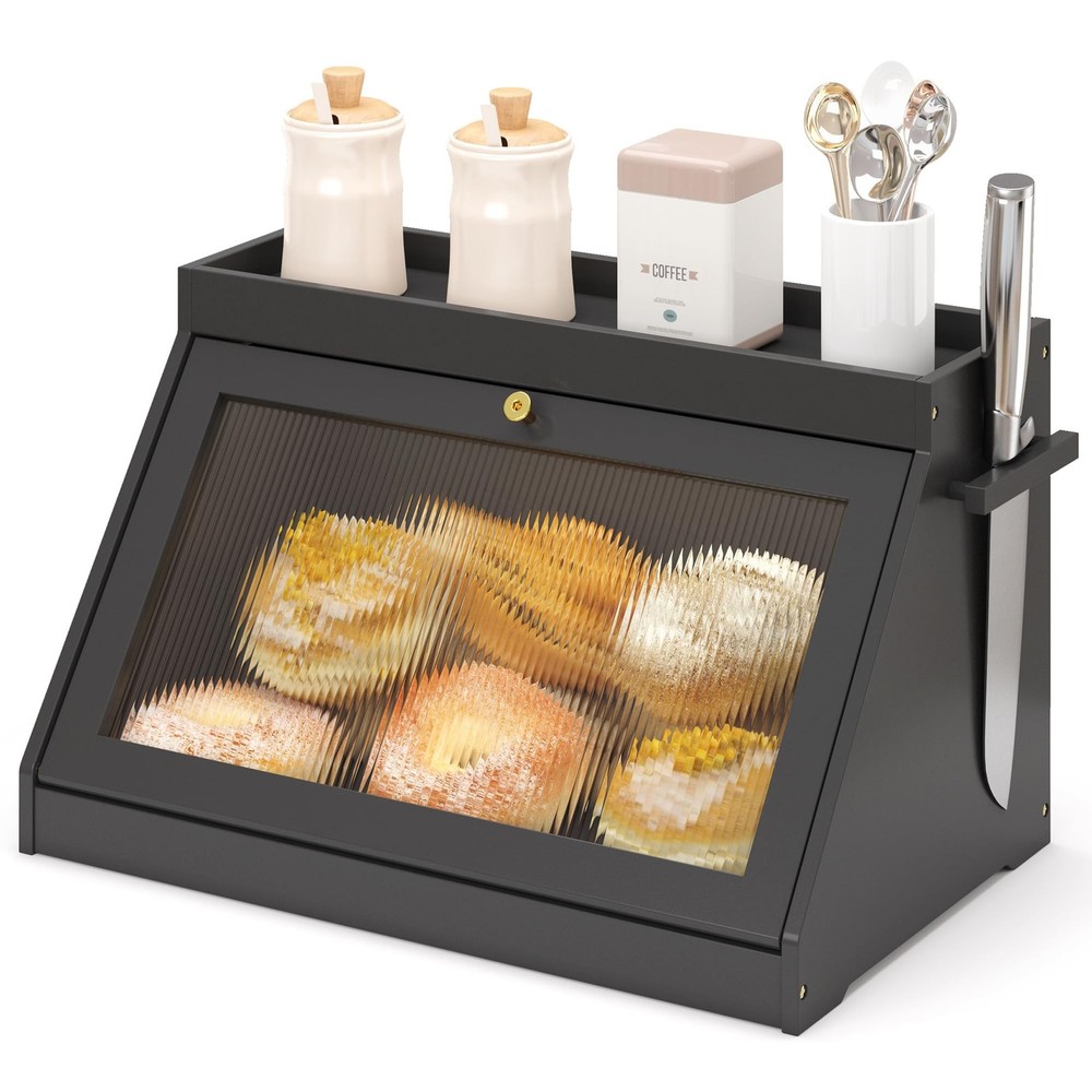 Bamboo Bread Box with Shelf for Kitchen Counter-Large Capacity Bread Storage ...