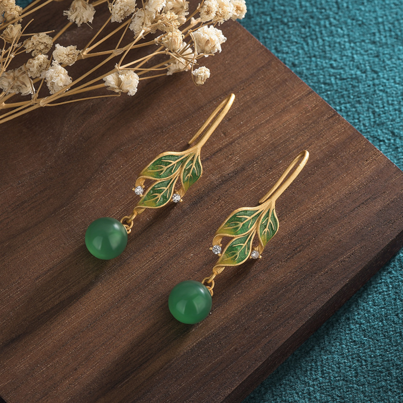 Green Jade Drop Dangle Earrings Boho Gemstone Leaf Design Hook 18K Gold Plated