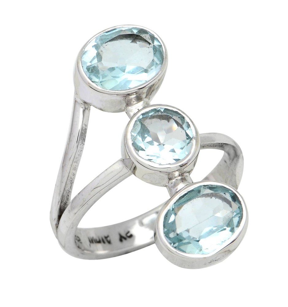 Blue Topaz 925 Sterling Silver Three Stone Ring