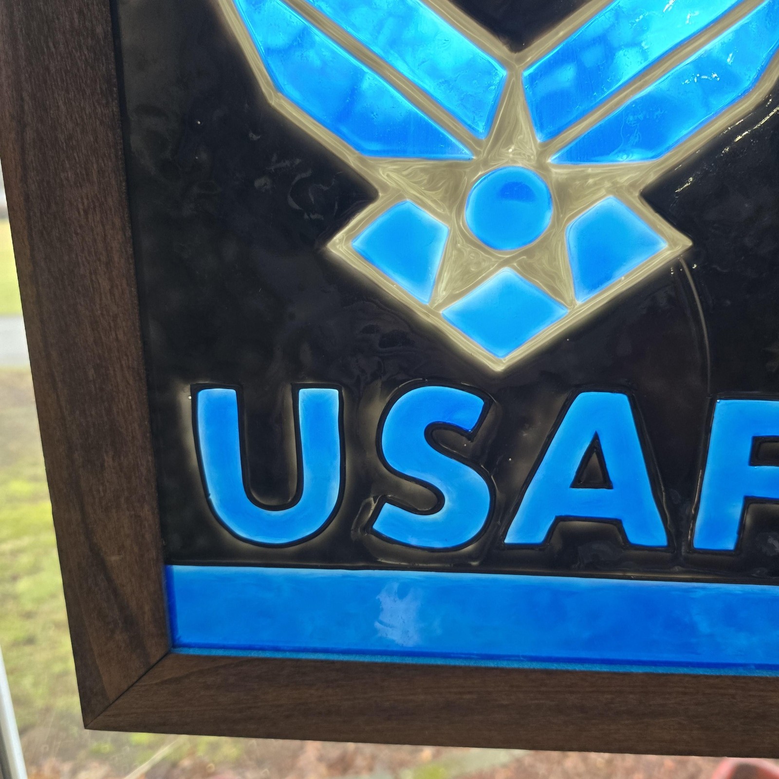 USAF Air Force Stained Glass Hanging Window Panel Wood Frame Blue Black Decor