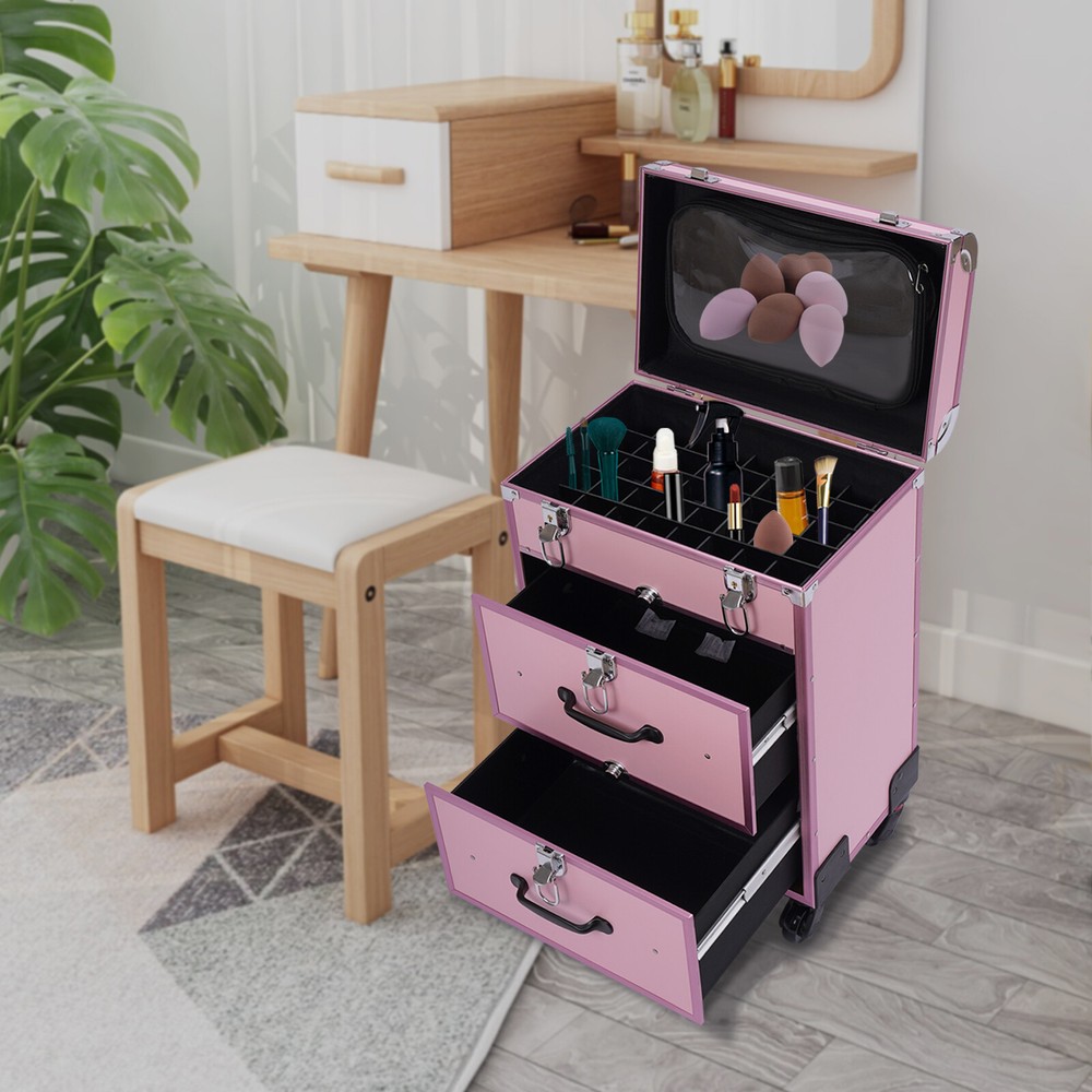 Rolling Makeup Train Case with Drawers Professional Cosmetics Storage Organizer