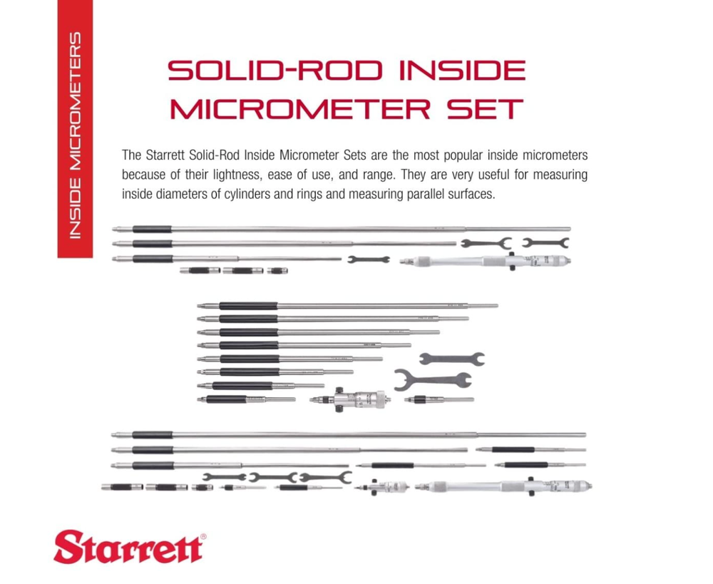 Starrett 124BZ Solid Inside Micrometer Set, 2-12" Range, .001" Graduation