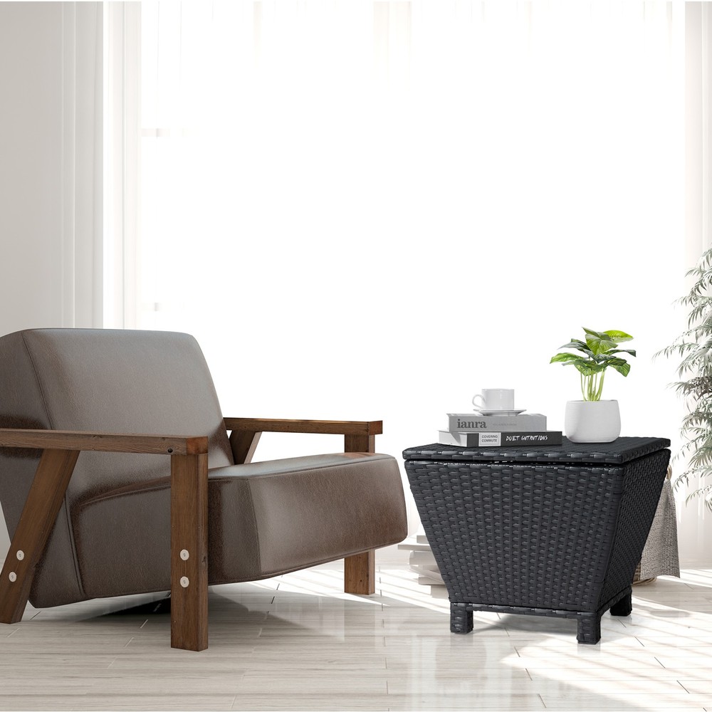 Outdoor PE Wicker Side Table with Storage Small Patio Storage Bin Container