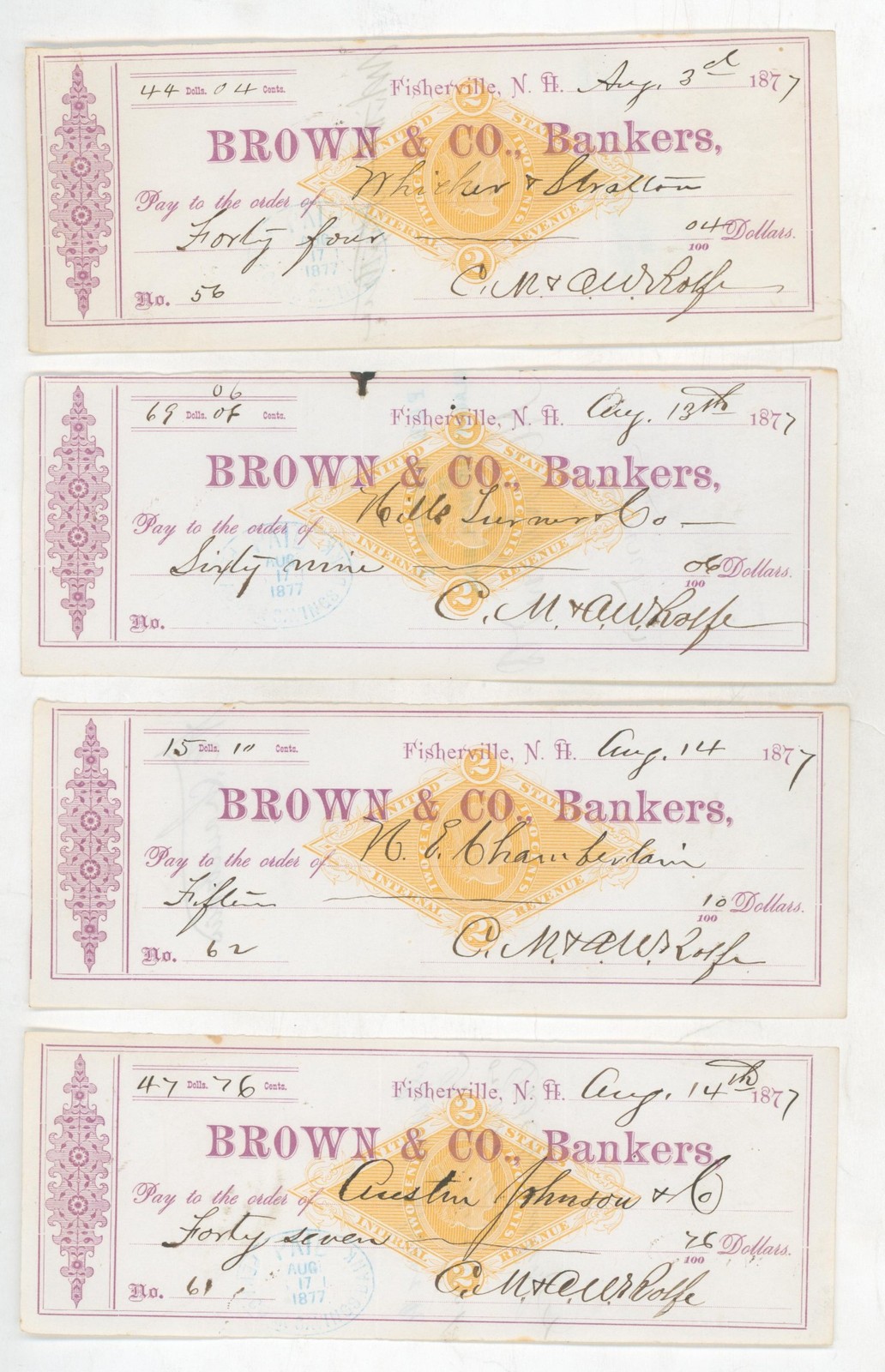 1877 Brown Co Bankers Fisherville NH Checks Lot 4 Revenue Stamp Draft Banking US