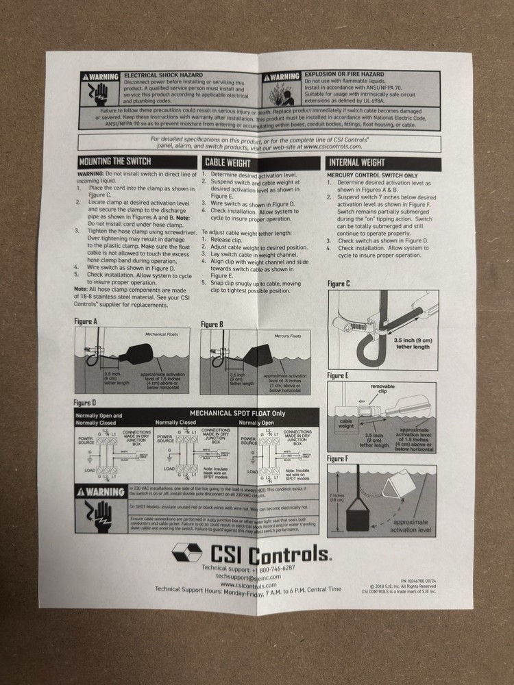 CSI Controls Mechanical Control Float Switch 1062503 Narrow Angle 15ft Cable